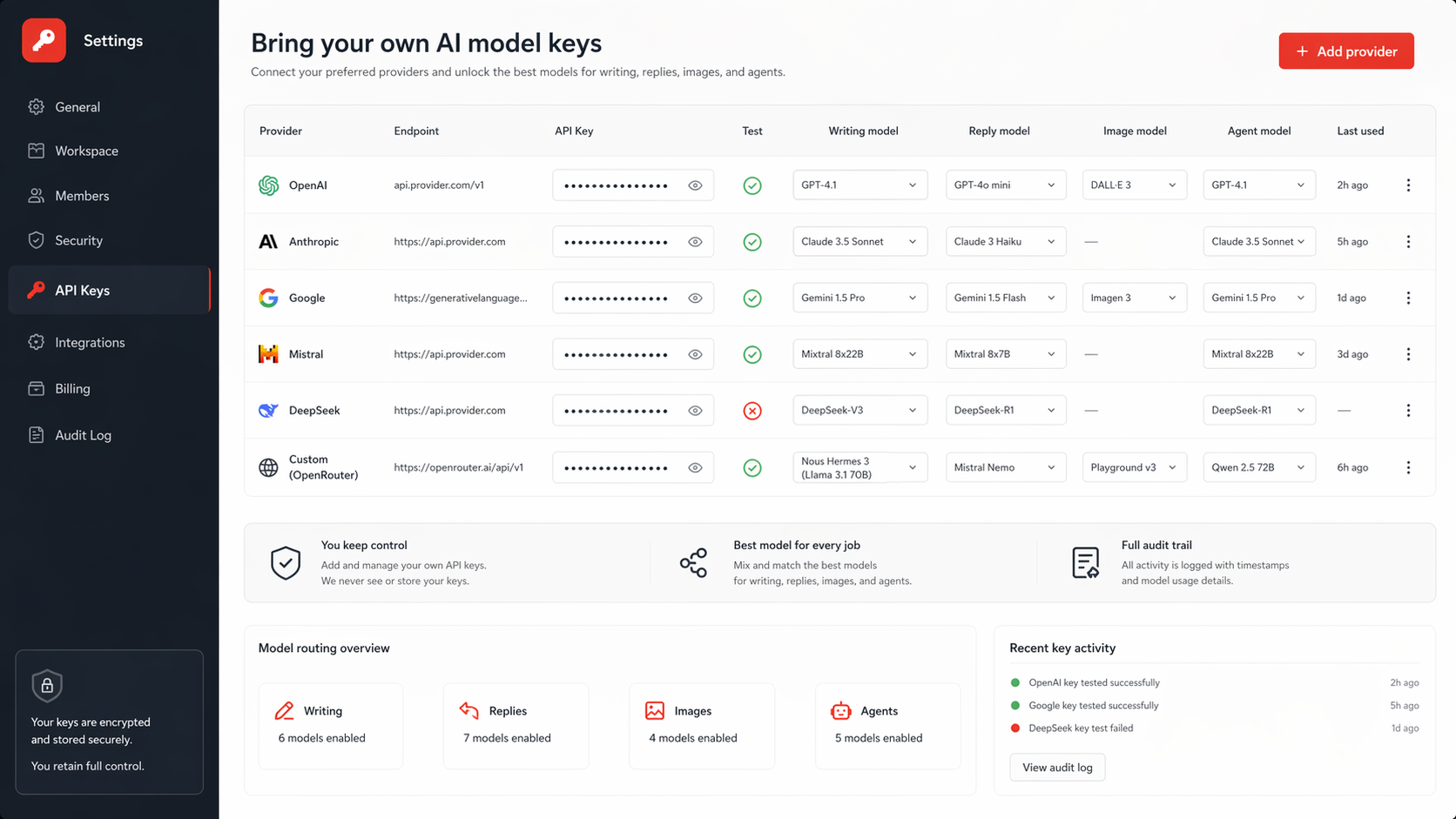 Secure model key settings table with hidden keys and test status icons.